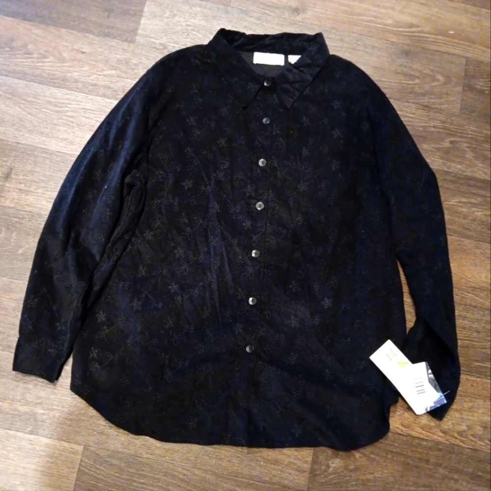 Lemon Grass Black Button-Up Shirt Embroind Size 22w